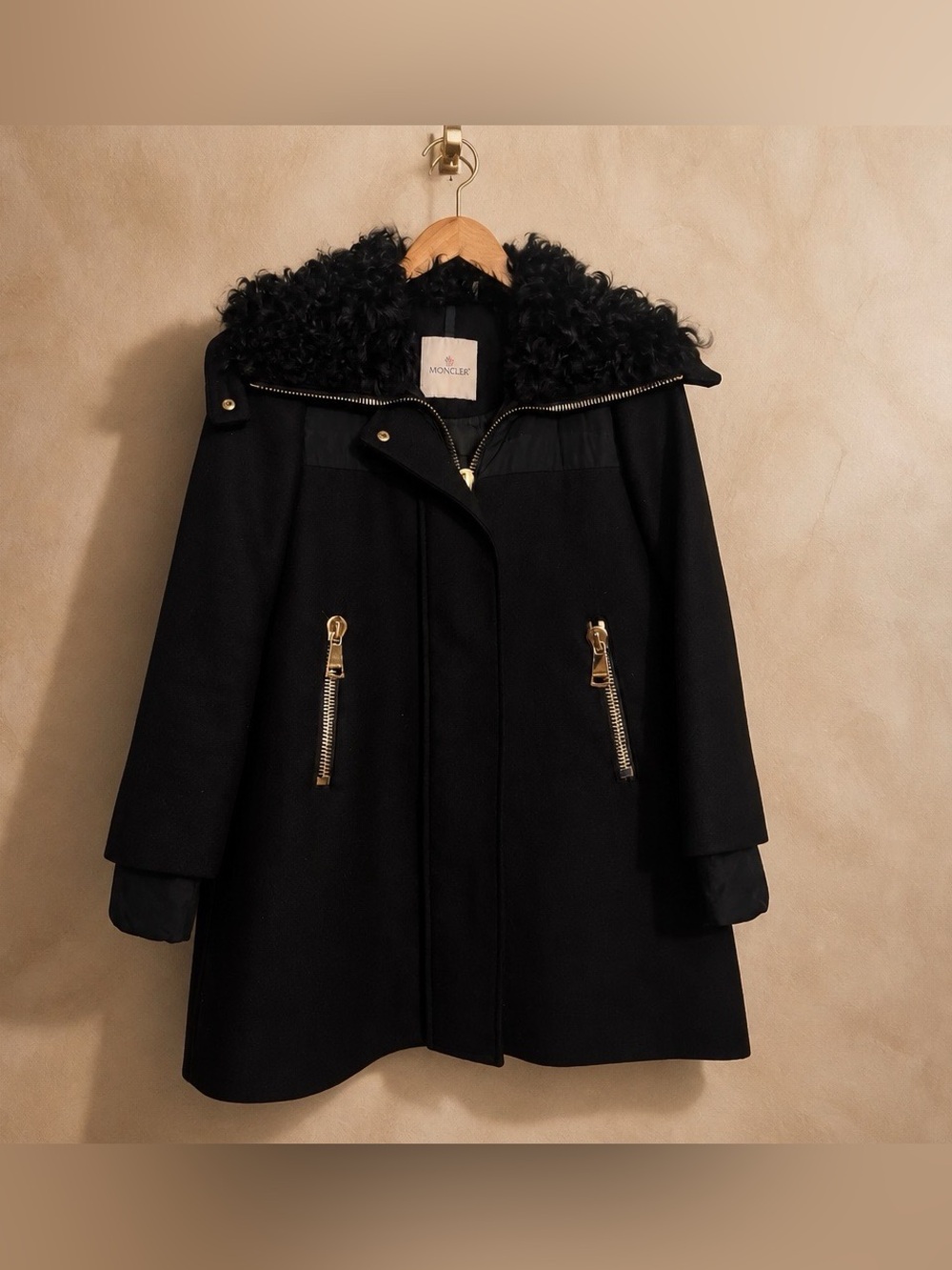 Moncler Black Wool Pea Coat with Curly Faux Fur Hood